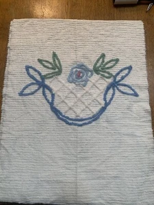 Vintage White Line Blue Floral Chenille Bedspread FABRIC PIECE - 22 X 30” - Picture 1 of 3