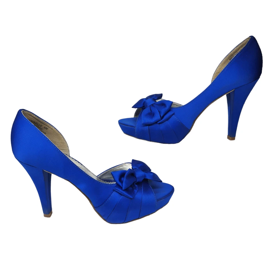 Tacones azules satinados para mujer 6 pajaritas peep toe D'Orsay elegantes graduación noche formal Foto 1 de 4