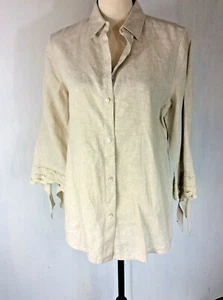 Liz Claiborne Linen Top Shirt Blouse Battenberg Lace Tunic Tan Beige Sz M - Picture 1 of 7