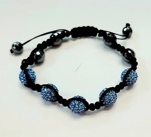 Macrame Beaded Bracelet Crystal Pave Light Blue Disco Ball - Picture 1 of 1