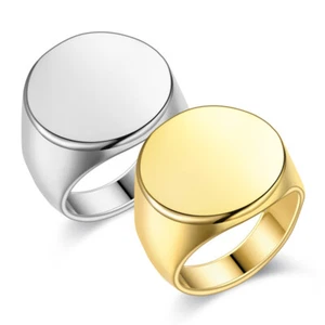 High Polished Round Flat Face Signet Ring Stainless Steel Men Women Fashion Ring - Picture 1 of 17