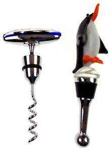 Penguin Glass Metal Wine Stopper Corkscrew Set 3 Artistic Creations Hand Made