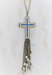 Neu ohne Etikett Christian Sterlingsilber gepflasterter Kristall blaues Kreuz & Quaste türkische Halskette - Bild 1 von 4
