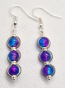 PINK AND BLUE CRACKLE GLASS SILVER PLATED HOOK EARRINGS E347 - Picture 1 of 4