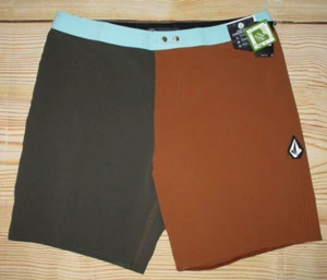 MENS VOLCOM BROWN CHARCOAL COLOR BLOCK SWIM BOARD SHORTS SIZE 34 - Picture 1 of 2