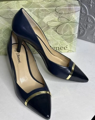 J RENEE Navy Blue Heel Pumps Size 11 M Gold Trim - Image 1 of 4