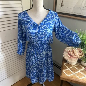 WALKER WADE Shirt Dress Womens Medium Blue Aztec Print Casual Coastal Preppy - Picture 1 of 11