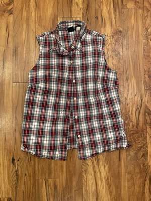 Xadrez feminino Gap 100% algodão vermelho sem mangas botão para baixo - Imagem 1 de 4