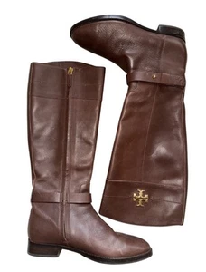 Tory Burch Riding Boots WOMENS Size 8 M Brown Leather Tall Side Zip Gold Logo - Picture 1 of 9