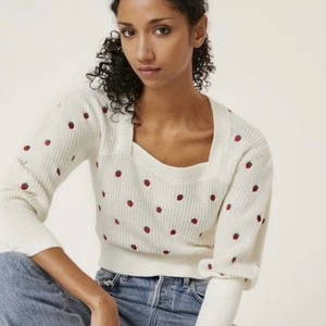 Maeve Anthropologie Damenpullover weiß Erdbeere bestickt quadratischer Ausschnitt S - Bild 1 von 9