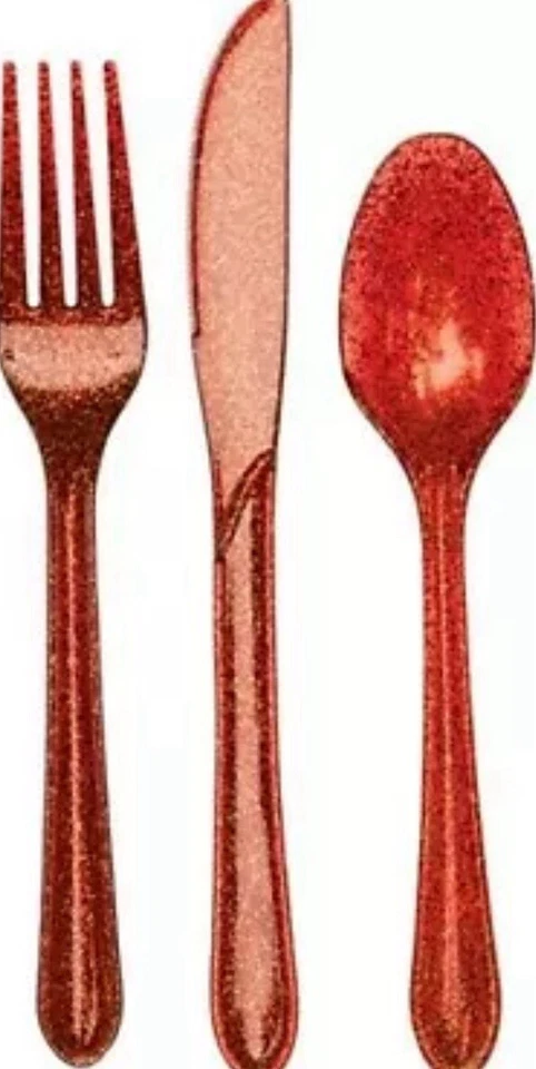 Red Glitter Plastic Cutlery 24 Piece Assortment Pack - Image 1 of 1