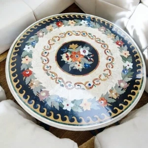 36" Handcrafted Black Marble Round Coffee Table | Multi Stone Inlay Art Home Dec - Picture 1 of 7