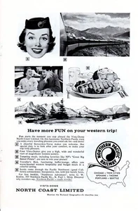 Pubblicità stampa vintage treno Northern Pacific Railway North Coast Limited 1957 divertente - Foto 1 di 2