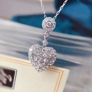2.5Ct Round & Baguette Lab Created Diamond Heart Pendant 14K White Gold Plated - Picture 1 of 4