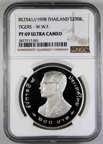 Thailand 200 Baht 1998 WWF Tigers NGC PF 69 ULTRA CAMEO Silver Coin   [574 Cover
