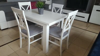 SET of white extending dining table and 4 wooden chairs with grey fabric Alla2 - Image 1 of 4