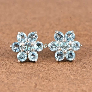 4 mm Rund geschnitten Aquamarin 925 Sterlingsilber Edelstein Aqua Blume Ohrstecker - Bild 1 von 2