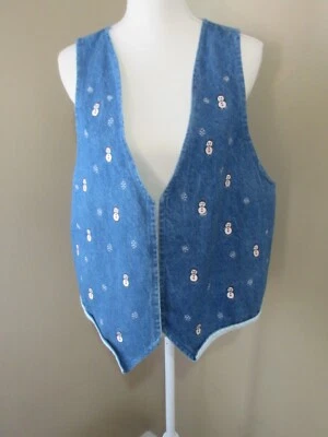 Chaleco Muñeco de Nieve Jean Mujer XL Azul Bordado Hecho a Mano 2 Caras Foto 1 de 2