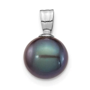 14k White Gold 8-9mm Black Round Freshwater Cultured Pearl Pendant 0.08gm L-10mm - Picture 1 of 3