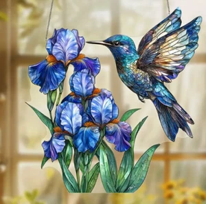 SUNCATCHER-Hummingbird and Iris (8"x8"), Perfect for All Season Decoration - Picture 1 of 5