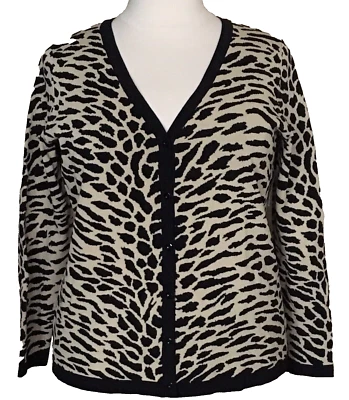 QVC Dialogue Euro-crepe Knit Animal Pattern Cardigan Sweater Black Beige Sz 1X - Image 1 of 4