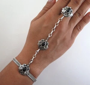 Ornate Sterling Silver Black Onyx Adjustable Ring Southwestern Slave Bracelet - Picture 1 of 8
