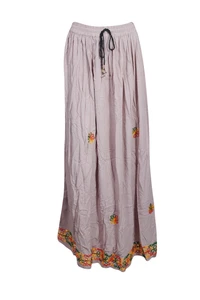 Boho Light Pink Maxi Skirt Floral Embroidered A-line Peasant Gypsy Skirts S/M