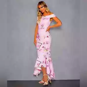 QUIZ Women's Pink and Lilac Floral Bardot Frill Hem Midi Dress - Picture 1 of 2