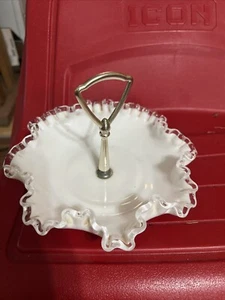 Fenton 8" HandlBon Bon Dish Silver Crest- With Metal Handle-Milk Glass - Picture 1 of 5