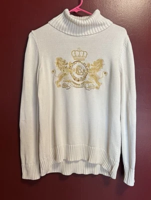 Ralph Lauren Lion Crest Sweater Women’s Size Large White Turtleneck Black Label - Image 1 of 4