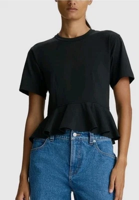 A.L.C. Blusa Negra Manga Corta Formal Volantes Dobladillo Trasero Cremallera Talla 6 (S) Usada en Excelente Condición Foto 1 de 4