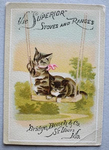 Tarjeta comercial de colección Superior Stoves & Ranges gatitos gatos en columpio alrededor de la década de 1880 - Imagen 1 de 3