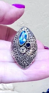 LOVELY Sarda Designer ORNATE Sterling Silver Swiss Blue & London Blue Topaz Ring - Picture 1 of 21