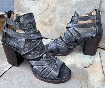 FREEBIRD “Claw” (8) Gray Leather Sandals Heels with Straps Buckles Distressed - Image 1 of 4