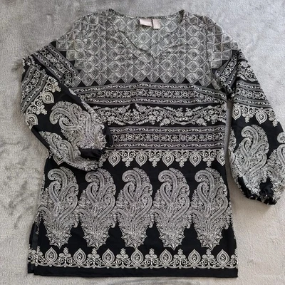 Blusa túnica pulóver Chicos talla 0 negra blanca cachemira geométrica mangas 3/4 Foto 1 de 4