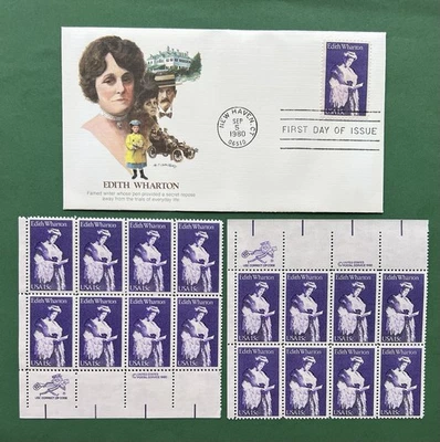 1980 Edith Wharton Stamp Set • FDC & 2 MNH Blocks of 8 • 15c US Literary Series - Image 1 of 4