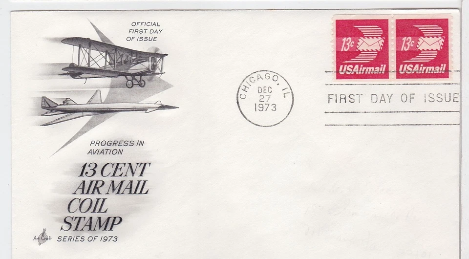 TurtlesTradingPost- 13 Cent Airmail 1973 FDC #C83 Coil Pair- Artcraft Cachet - Image 1 of 1