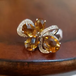 Sterling Silver SMOKY COGNAC QUARTZ & WHITE TOPAZ Ring, Size 7, Showstopper! - Picture 1 of 15