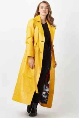 Nueva gabardina amarilla elegante hecha a mano de cuero de piel de cordero fiesta invierno suave para mujer Foto 1 de 4