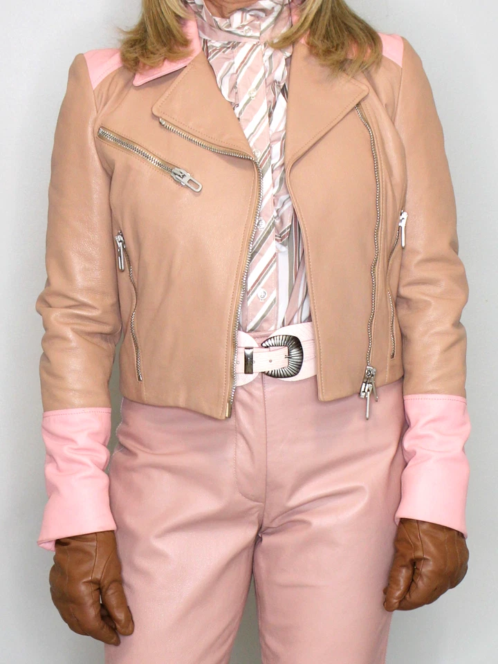 Chaqueta de motociclista de cuero para mujer rosa marrón XS-S DROMe recortada moto rara esposa de la mafia Foto 1 de 4