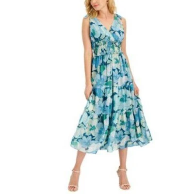 Taylor Floral Print Smocked Tiered Midi Dress V-Neck Sleeveless Size 4 - Image 1 of 4