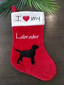 18" I Love My Labrador Christmas Holiday Stocking, Love Pet Dog Embroidery - Picture 1 of 6
