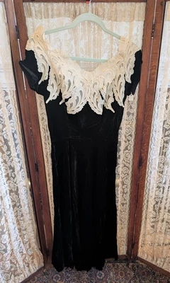Vintage Claudia Young Black Velvet and White Lace Dress 50's 40 's Museum Deacs - Image 1 of 4