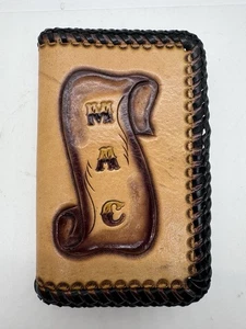 Vintage Hand Tooled Leather Bifold Wallet Black Lacing Trim. MAC initials - Picture 1 of 3