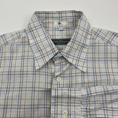 Camisa con botones Salvatore Ferragamo para hombre talla M blanca/azul/beige guinga a cuadros Foto 1 de 4