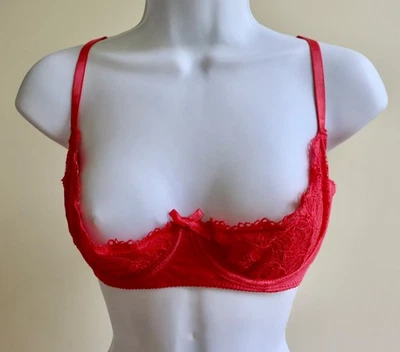 FREDERICK'S OF HOLLYWOOD SUJETADOR DE ENCAJE COPA ABIERTA ROJO CLARO = 1X = EXCELENTE Foto 1 de 4