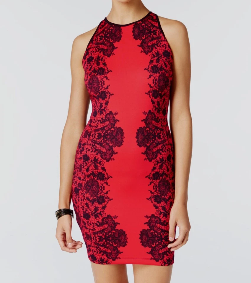 B. Darlin Dress Red Size 7 Junior Sheath Floral Lace Print Bodycon Mini #019
