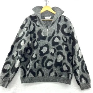 Suéter Pullover Para Mujer Estilo RD M Gris Negro Leopardo Estampado Animal 1/4 Cremallera Nuevo sin Etiquetas - Imagen 1 de 9