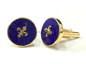 Naturale Lapislazzuli Gemma Con Placcato Oro 925 Argento Sterling Gemelli 2321 - Foto 1 di 4