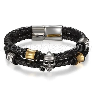 Black Braided Leather Skull Beaded Stainless Steel Buckle Men's Bracelet Cuff - Picture 1 of 1